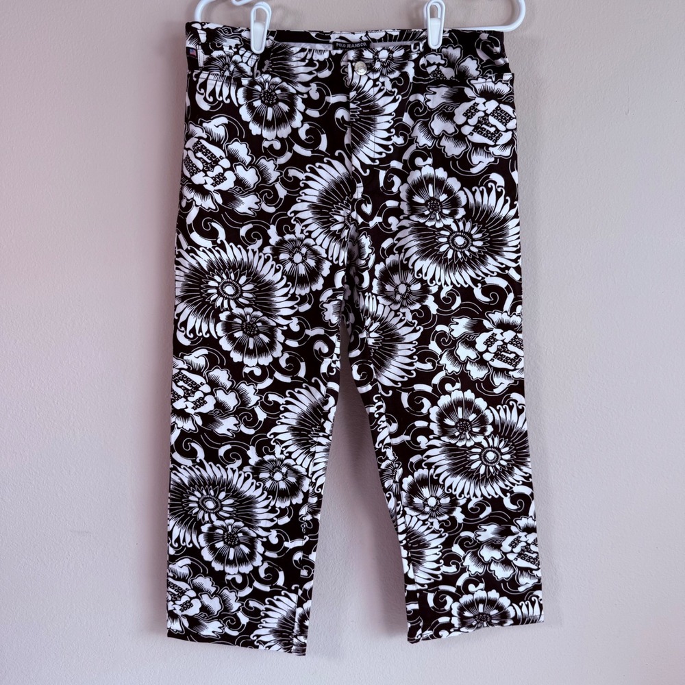 Vintage Polo Jeans Ralph Lauren Floral Capri Cropped Pants 12 Black White Y2K